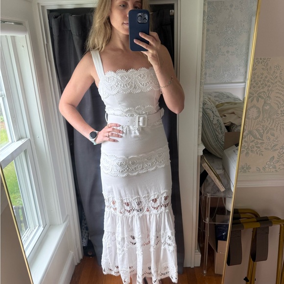 chinese dress ladies Restock! SP White Linen Lace Insert Belted Midi Dress main image 1